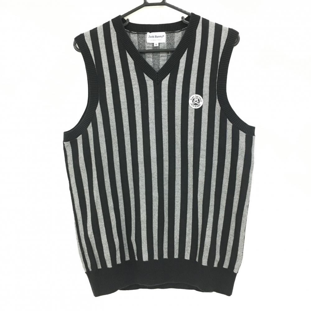 ジャックバニー ゴルフ Ｖネックベスト【ブラック/６】新品！ ジャックバニー ニットベスト 黒×グレー ストライプ ロゴワッペン V