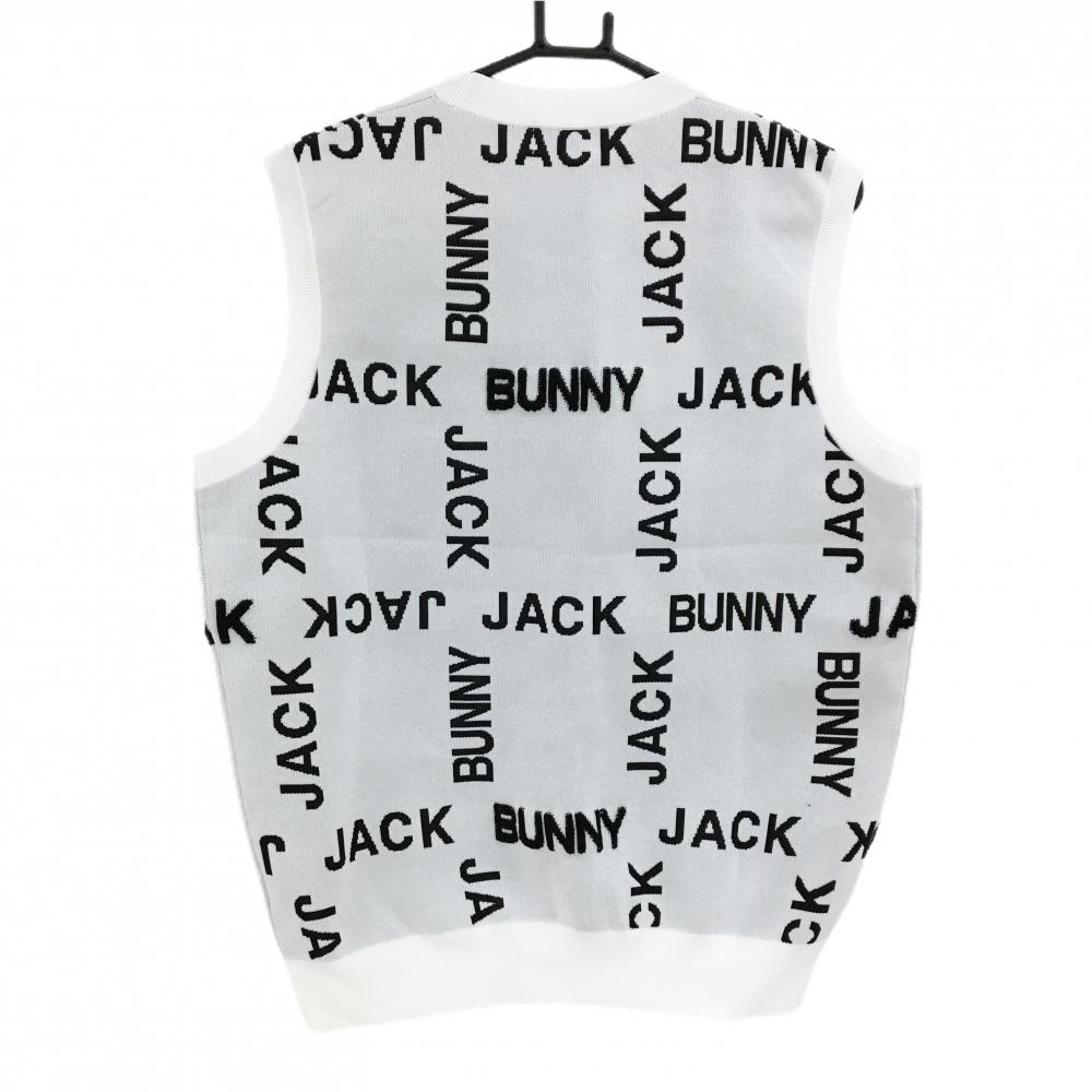 美品【Jack Bunny!!】ゴルフウェア ベスト 中綿 ロゴ総柄 新品】ジャックバニー ニットベスト 白×黒 ロゴ総柄 メンズ 5(L