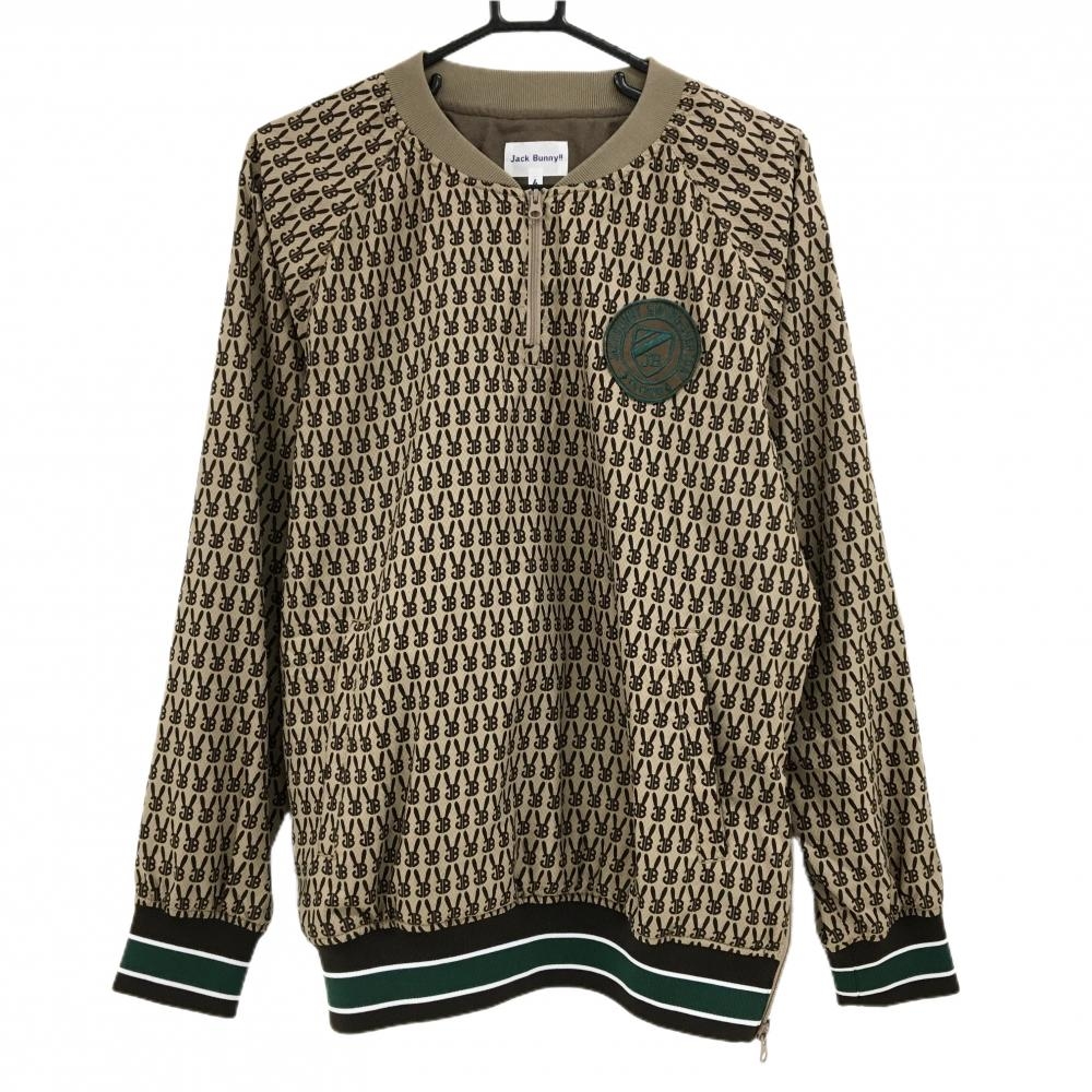 【超美品】ジャックバニー ブルゾン ブラウン×グリーン ロゴ総柄 ハーフジップ 裏起毛 メンズ 4(M) ゴルフウェア Jack Bunny