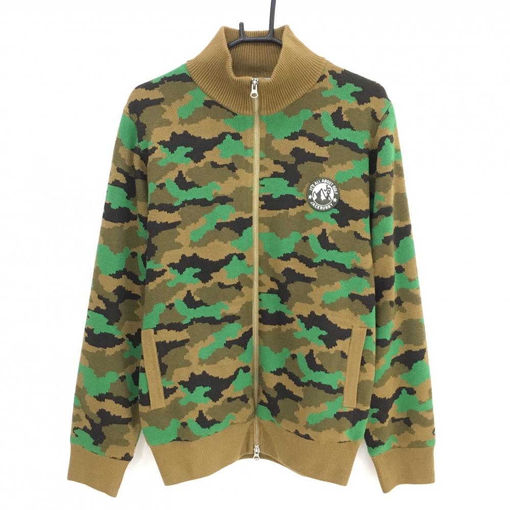 【美品】ジャックバニー ニットジャケット ブラウン×黒 カモフラ 裏地付 迷彩 メンズ 6(XL) ゴルフウェア Jack Bunny