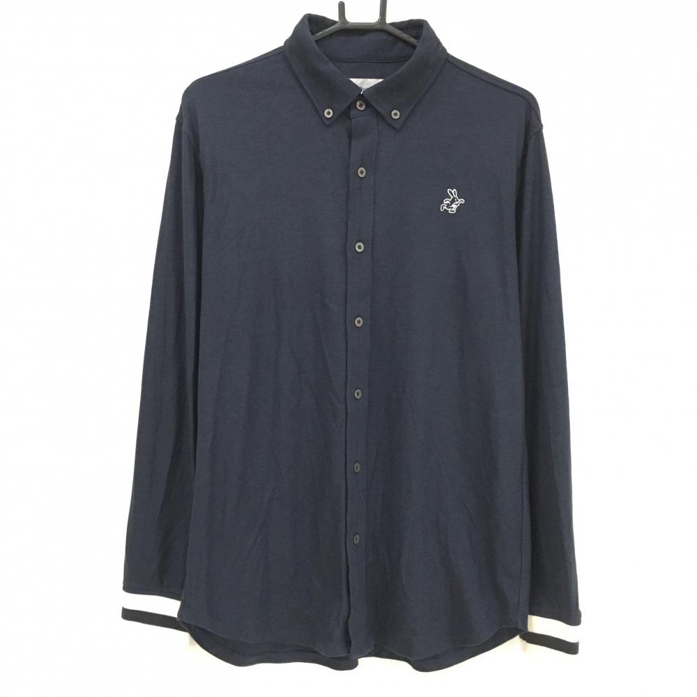 【美品】ジャックバニー 長袖シャツ ネイビー ボタンダウン 袖口ライン メンズ 5(L) ゴルフウェア Jack Bunny