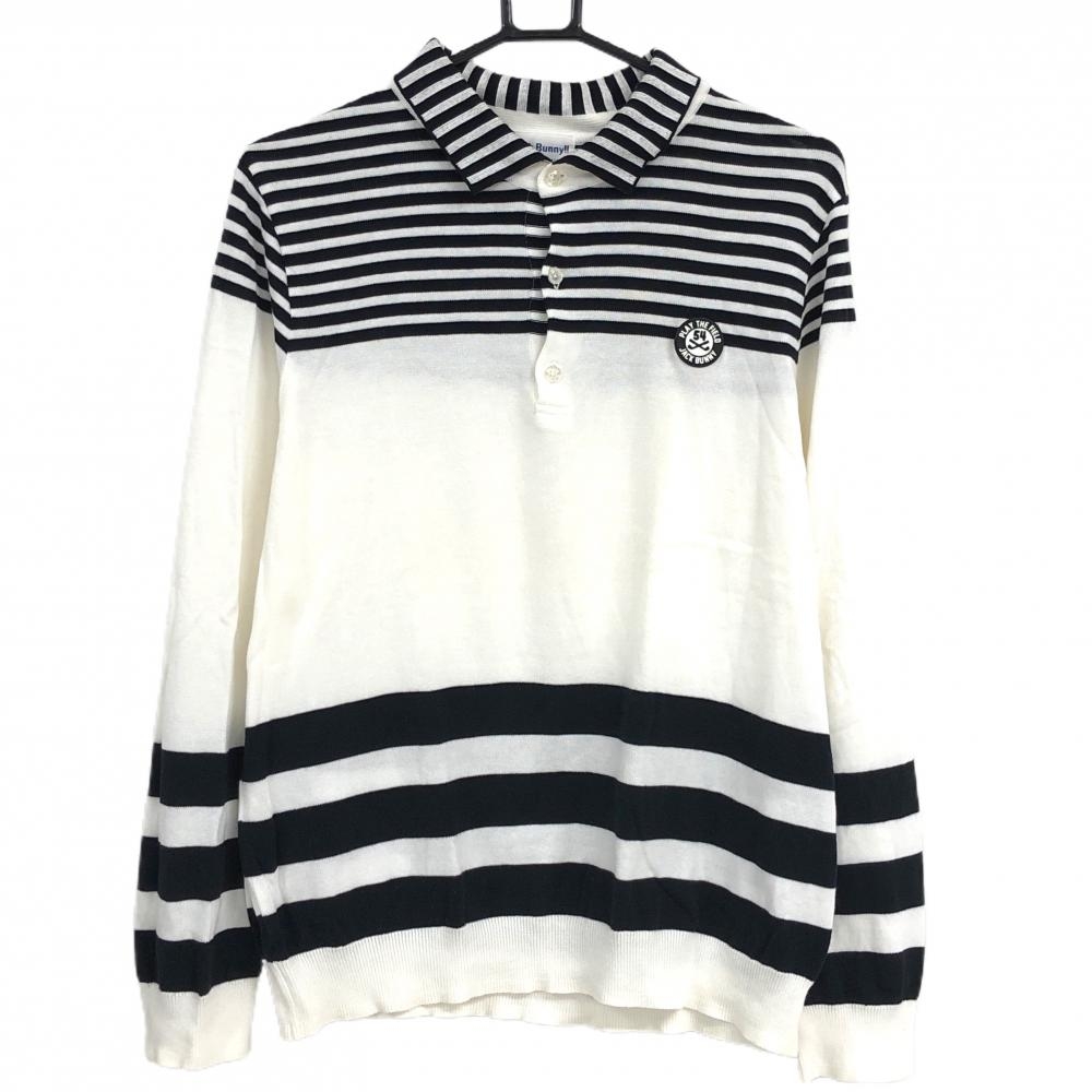 【美品】ジャックバニー 長袖ポロシャツ 白×黒 ボーダー ニット地 ロゴシリコンワッペン メンズ 5(L) ゴルフウェア Jack Bunny