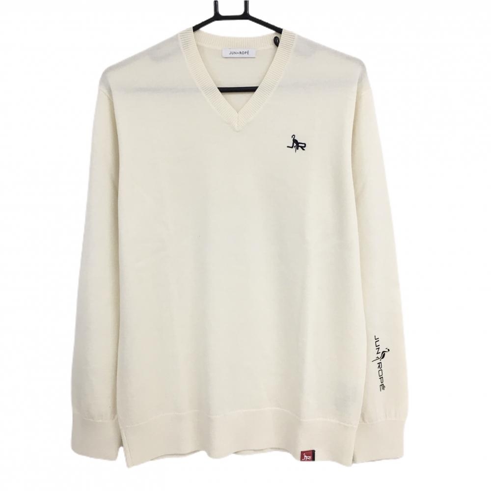 【美品】ジュンアンドロペ セーター アイボリー ニット ウール100％ Vネック ロゴ黒 メンズ M ゴルフウェア JUN＆ROPE