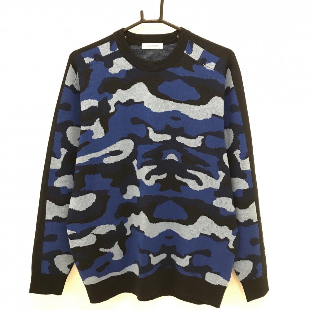 【美品】ジュンアンドロペ セーター ネイビー×ブルー 前カモフラ調 ウール混 ニット メンズ M ゴルフウェア JUN＆ROPE