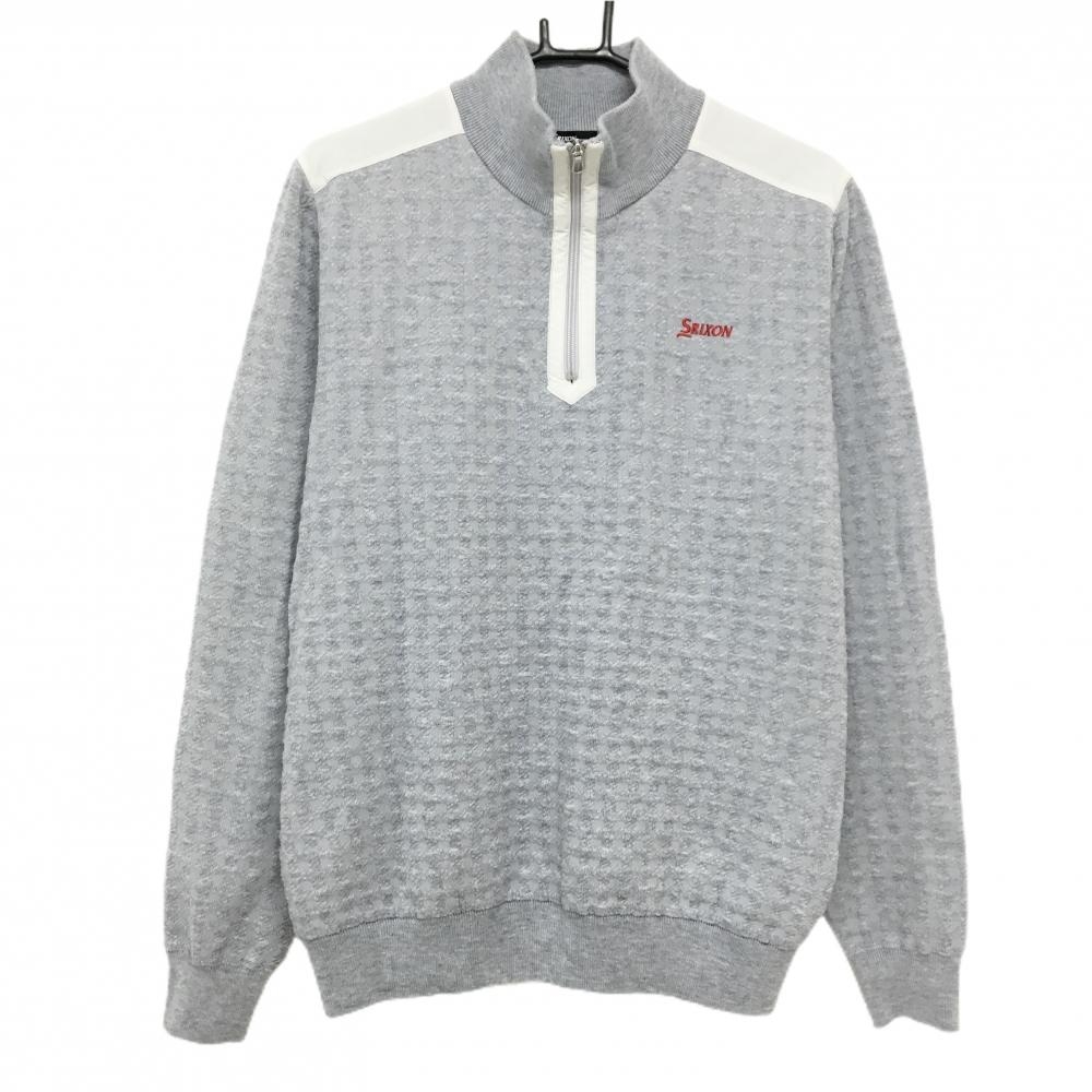 【美品】スリクソンバイデサント ハイネックセーター グレー×アイボリー 格子柄 ハーフジップ 裏地微起毛 メンズ LL ゴルフウェア SRIXON
