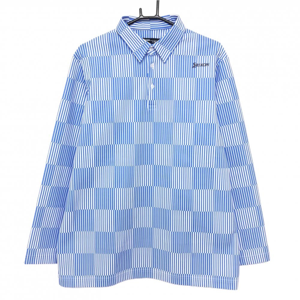 超美品】スリクソンバイデサント 長袖ポロシャツ 白×ブルー ストライプ