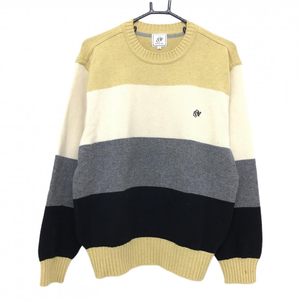 ゾーイ セーター マスタードイエロー×アイボリー×グレー ボーダー ウール100% ニット  メンズ 2(M) ゴルフウェア ZOY