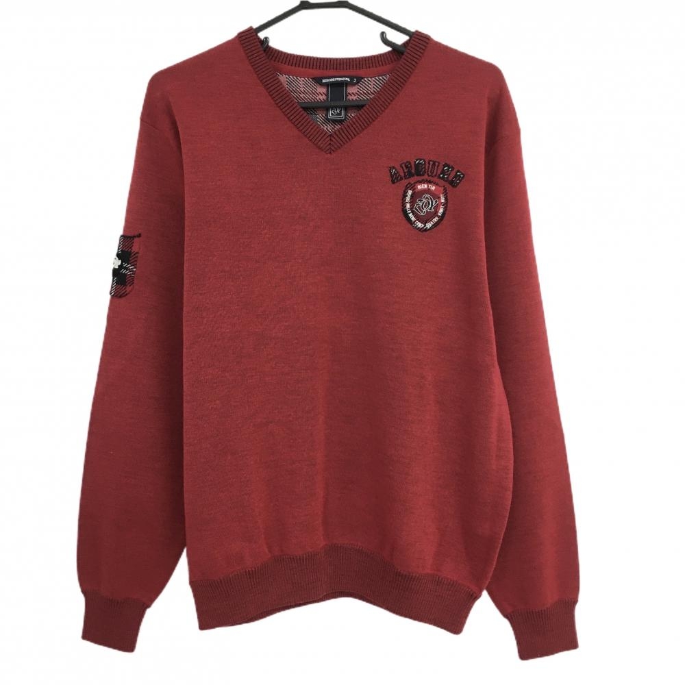 【超美品】ゾーイ セーター レッド×ネイビー 背面チェック ロゴ刺しゅう ニット 羊毛混 メンズ 3(L) ゴルフウェア ZOY