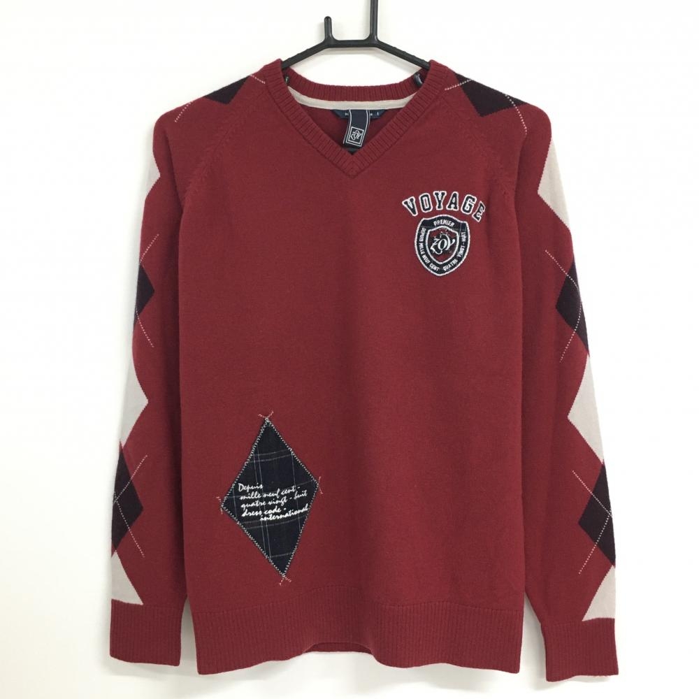 【美品】ゾーイ セーター ボルドー×ベージュ 袖アーガイル柄 カシミヤ混 ニット Vネック メンズ 1(S) ゴルフウェア ZOY