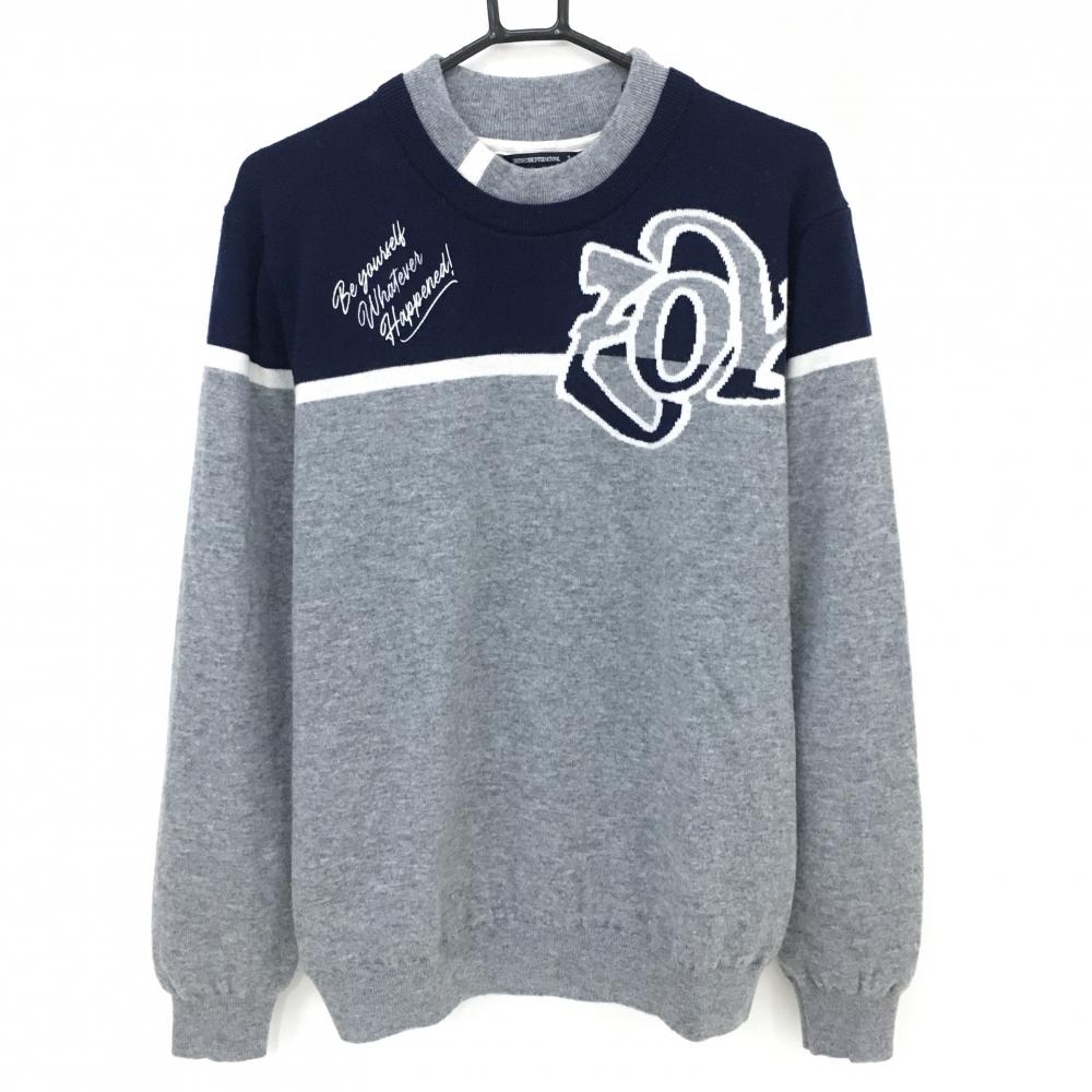 【美品】ゾーイ セーター グレー×ネイビー ネック重ね着風 ウール混 裏地付 ニット メンズ 3(L) ゴルフウェア ZOY