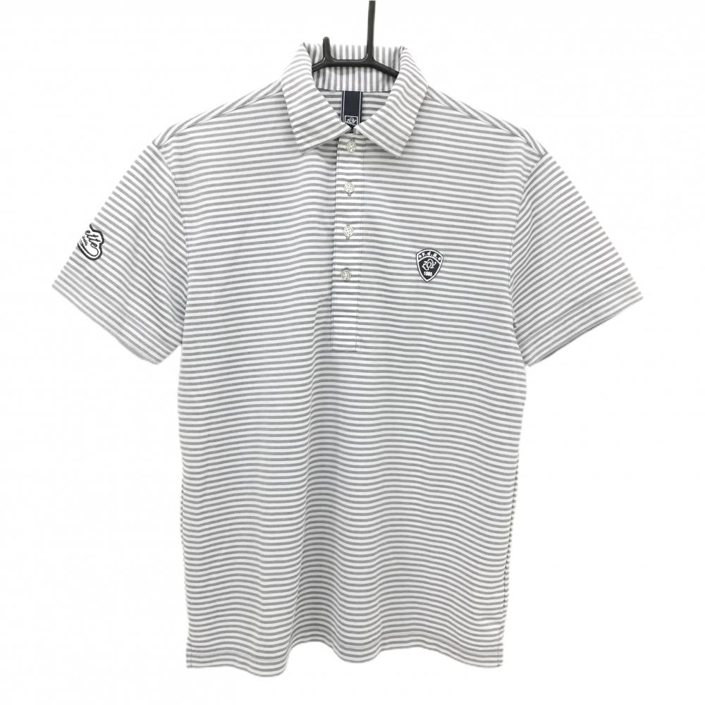 【超美品】ゾーイ 半袖ポロシャツ 白×グレー ボーダー ロゴ刺しゅう メンズ 2(M) ゴルフウェア ZOY