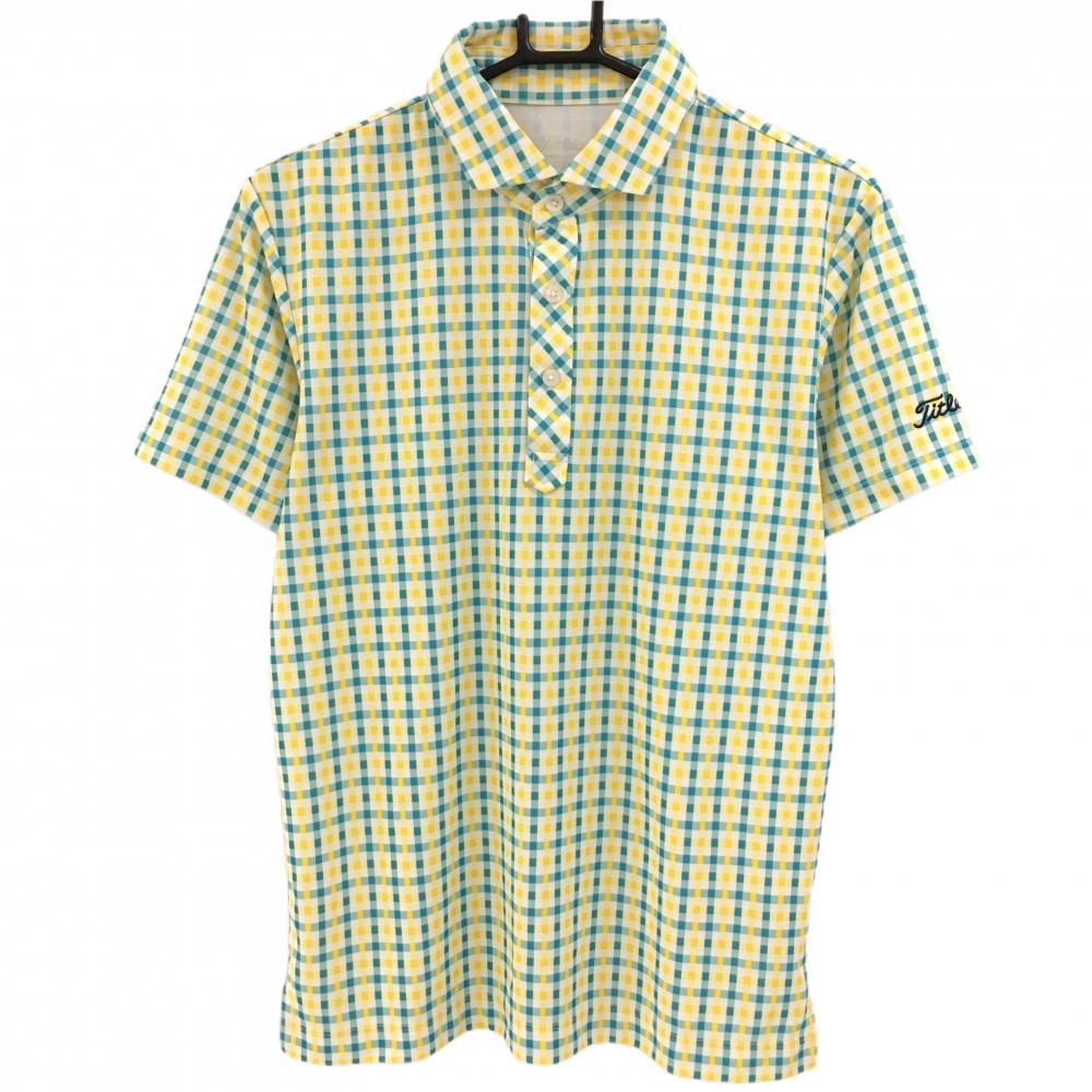 【超美品】タイトリスト 半袖ポロシャツ グリーン×イエロー ギンガムチェック総柄 ロゴ刺しゅう  メンズ M ゴルフウェア TITLEIST