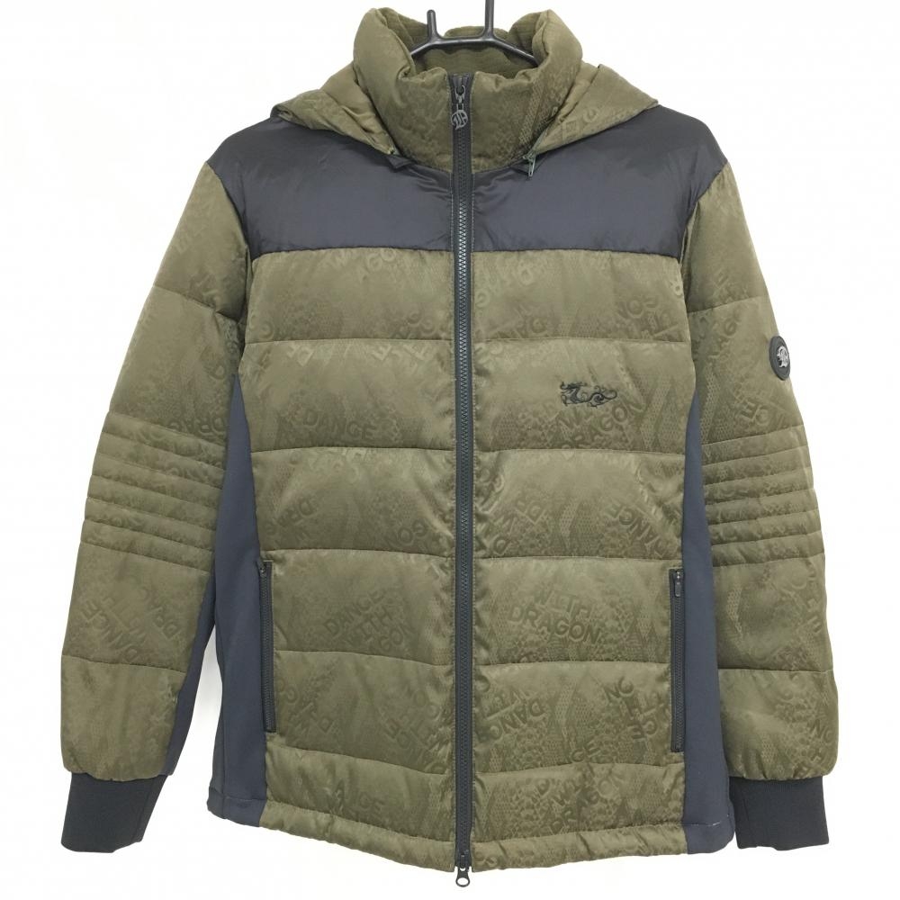 【美品】ダンスウィズドラゴン フード付ダウンジャケット カーキ×黒 総柄地模様 メンズ 3(L) ゴルフウェア Dance With Dragon