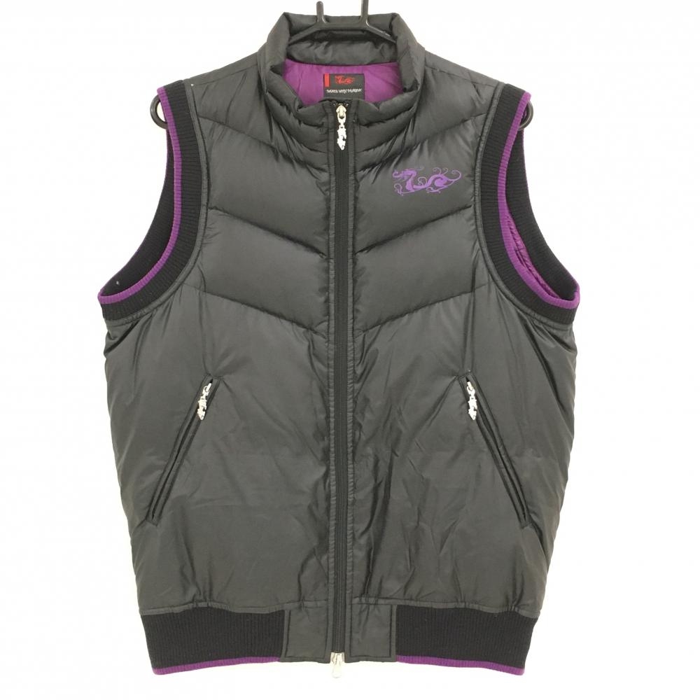 ダンスウィズドラゴン ダウンベスト 黒×パープル ロゴプリント メンズ 2(M) ゴルフウェア Dance With Dragon