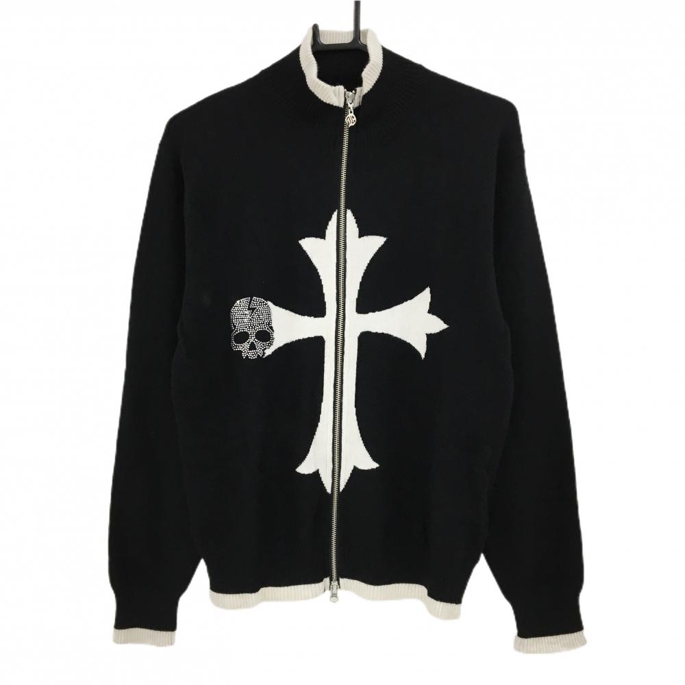【新品】ダンスウィズドラゴン ニットジャケット 黒×白 スカル ラインストーン メンズ 2(M) ゴルフウェア Dance With Dragon