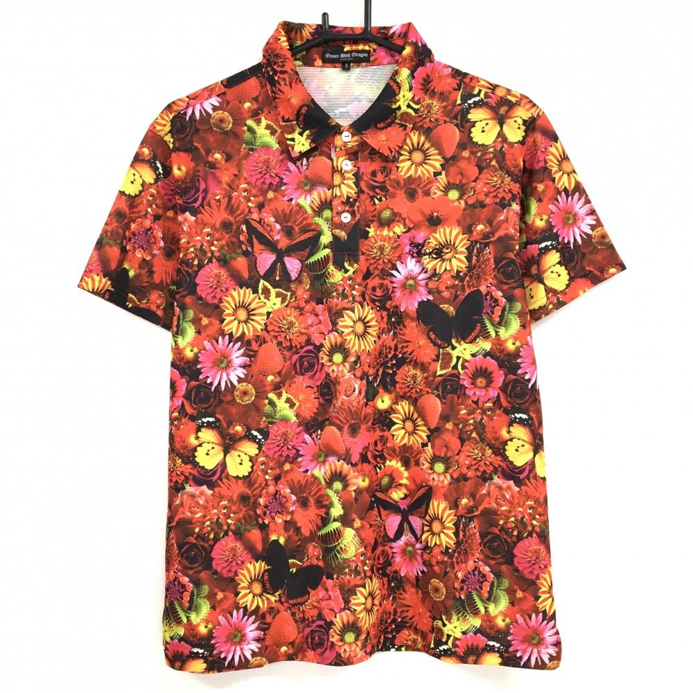 【超美品】ダンスウィズドラゴン 半袖ポロシャツ レッド×マルチカラー 花柄 ロゴ刺しゅう メンズ 3(L) ゴルフウェア Dance With Dragon