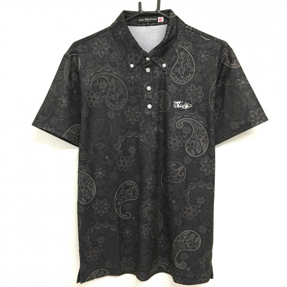 【超美品】ダンスウィズドラゴン 半袖ポロシャツ 黒×グレー ペイズリー総柄 ボタンダウン メンズ 3(L) ゴルフウェア Dance With Dragon