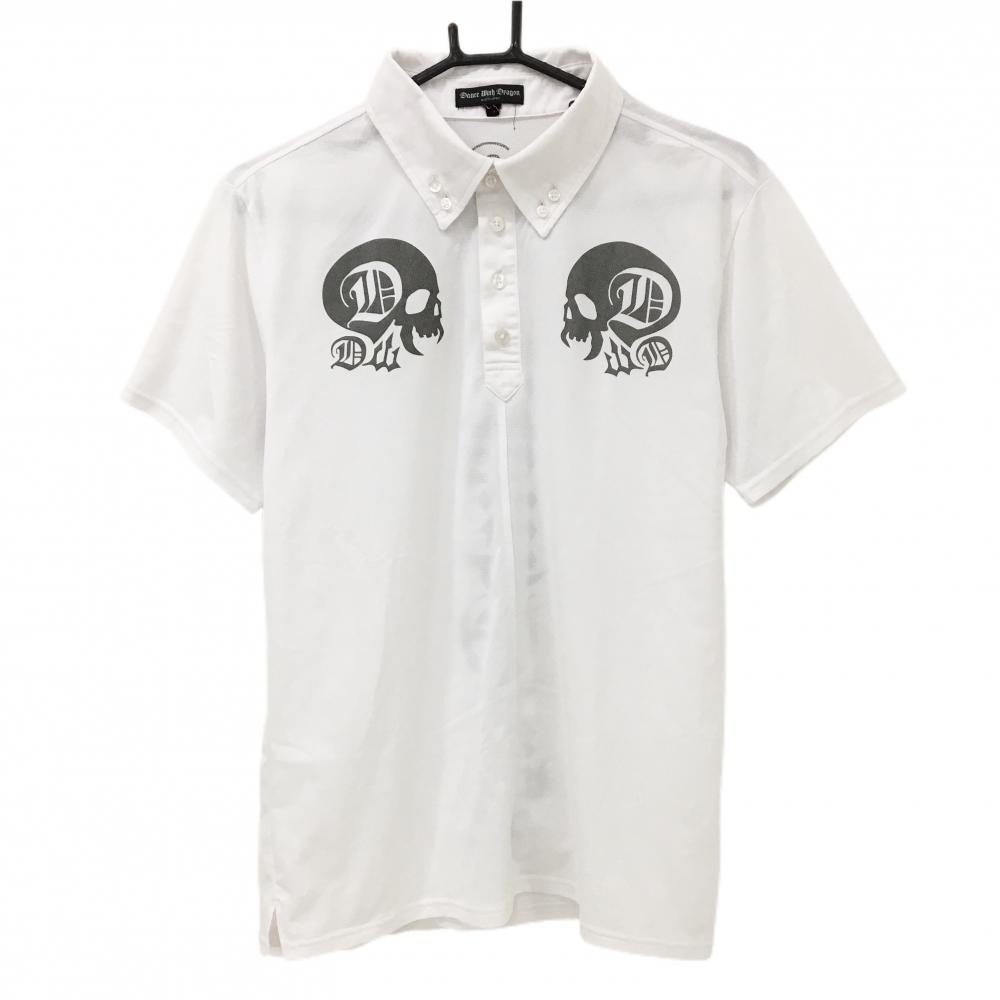 【美品】ダンスウィズドラゴン 半袖ポロシャツ 白×グレー 胸スカル ボタンダウン メンズ 3(L) ゴルフウェア Dance With Dragon