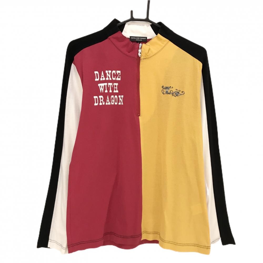 【美品】ダンスウィズドラゴン 長袖ハイネックシャツ マスタードイエロー×レッド系×白  メンズ 3(L) ゴルフウェア Dance With Dragon