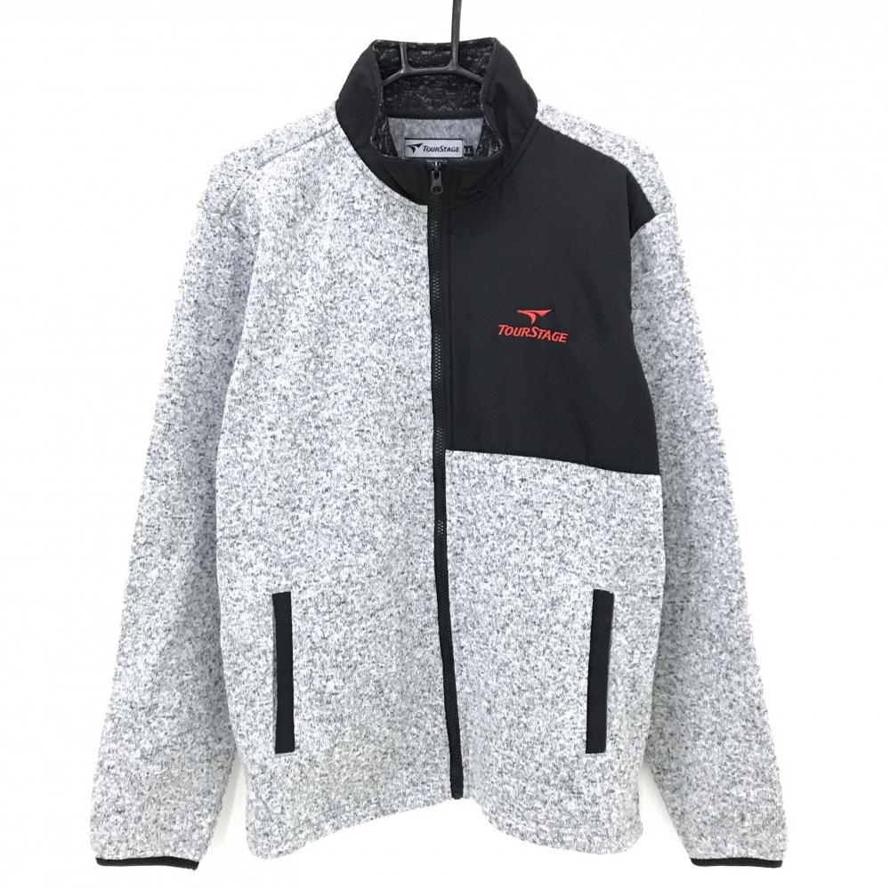 【超美品】ツアーステージ 切替ジャケット 杢グレー×黒 ロゴ刺しゅう ニット調 裏起毛 メンズ LL ゴルフウェア TOURSTAGE