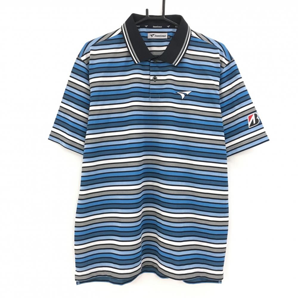 【超美品】ツアーステージ 半袖ポロシャツ ブルー×白 ボーダー メンズ 3L ゴルフウェア 大きいサイズ TOURSTAGE