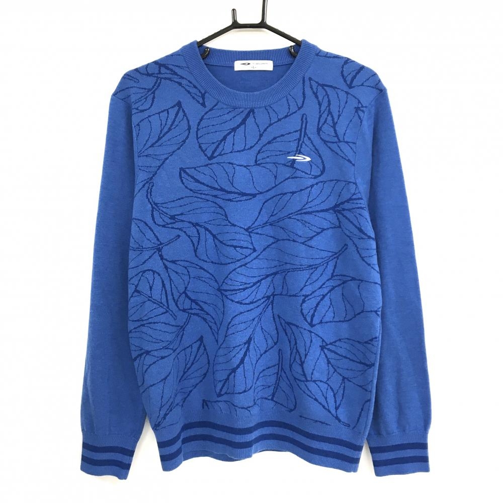 【超美品】ティゴラ セーター ブルー×ネイビー ロゴ白 リーフ柄 ニット メンズ L ゴルフウェア TIGORA