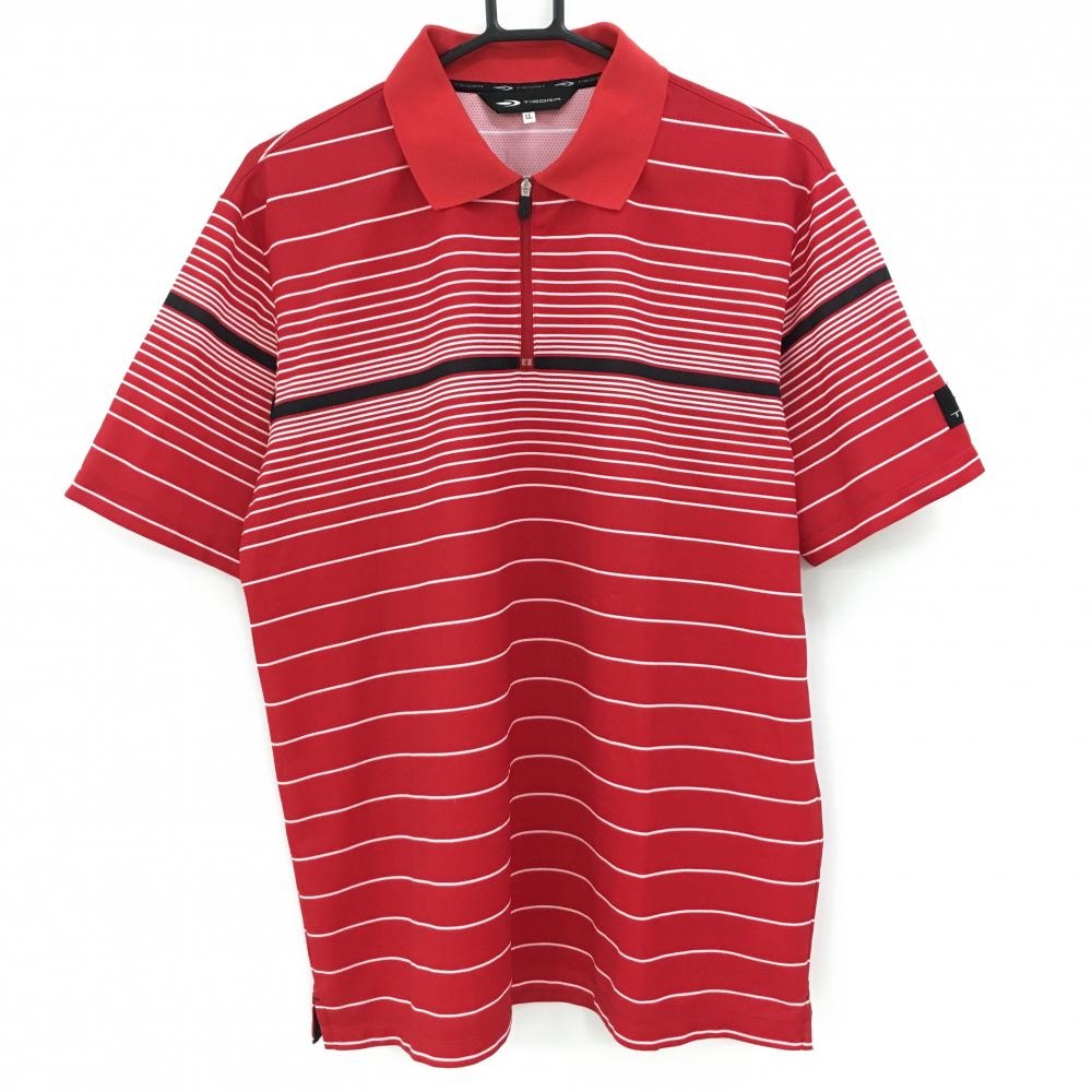 ティゴラ 半袖ポロシャツ レッド×白 ボーダー メッシュ地 ハーフジップ メンズ LL ゴルフウェア TIGORA