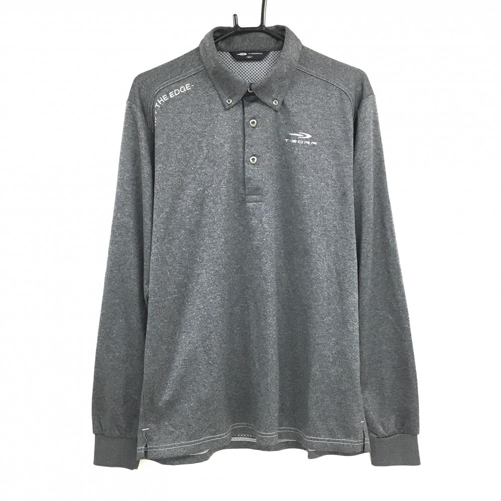 【超美品】ティゴラ 長袖ポロシャツ 杢ダークグレー ロゴ刺しゅう ボタンダウン  メンズ LL ゴルフウェア TIGORA