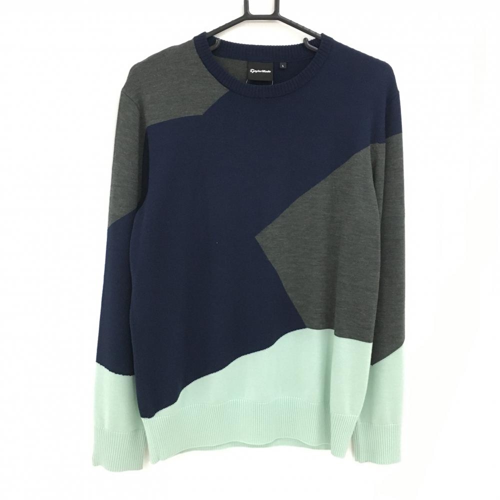 【超美品】テーラーメイド セーター ネイビー×グレー×ミントグリーン ウール混 メンズ L ゴルフウェア TaylorMade