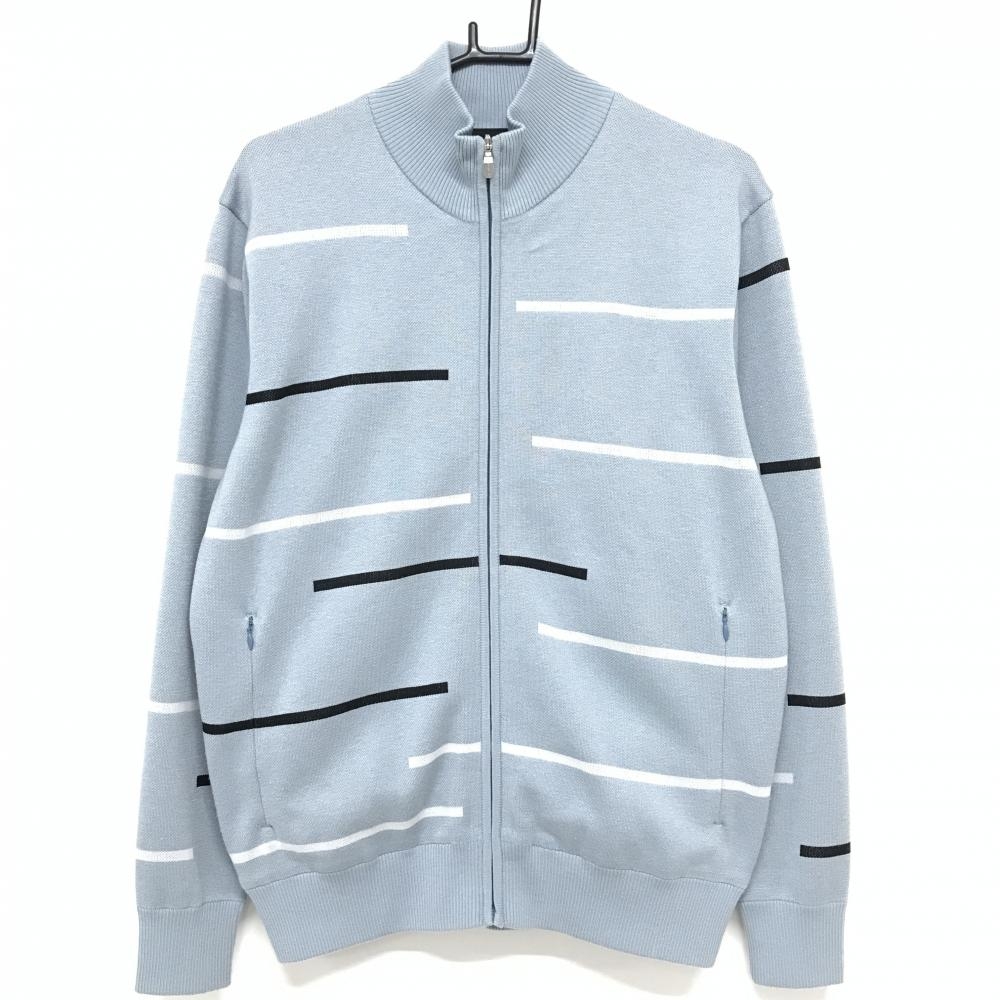 【美品】テーラーメイド ニットジャケット ブルーグレー×白 ライン総柄 ジップポケット 蓄熱裏地 メンズ L ゴルフウェア TaylorMade