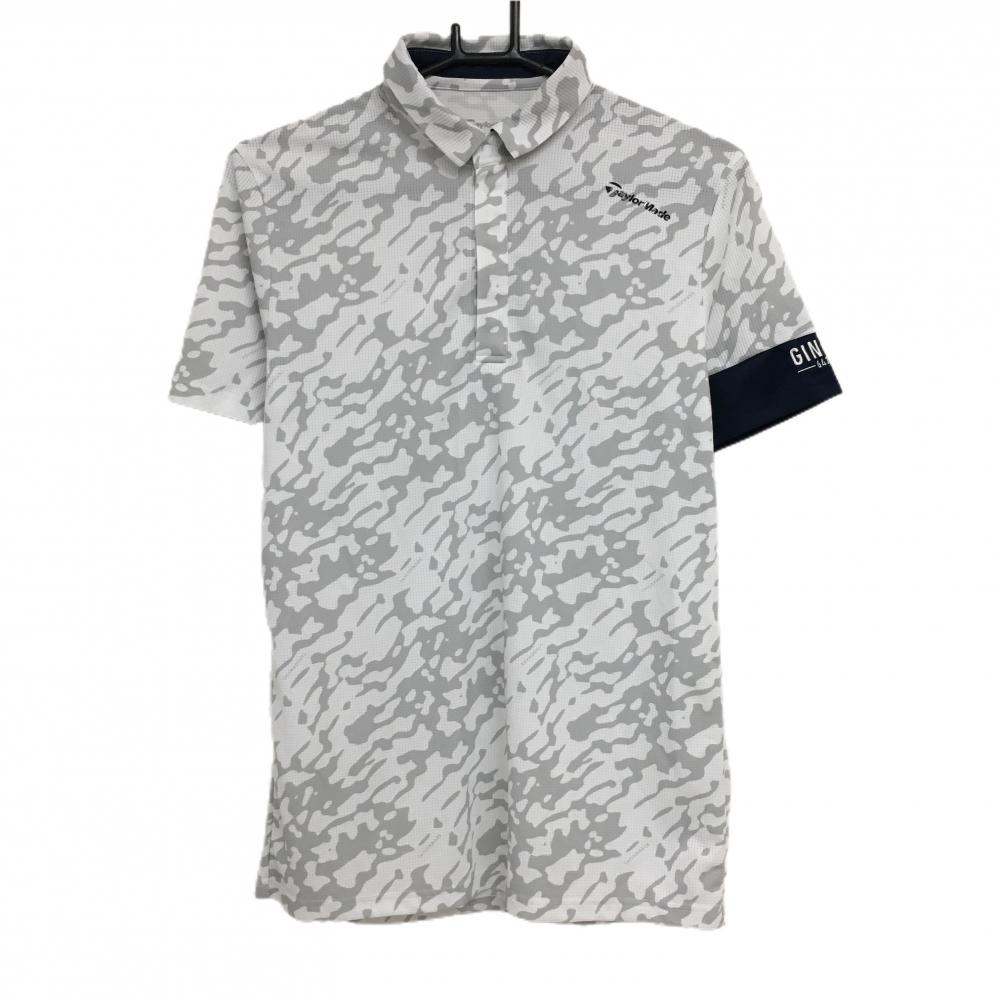 【超美品】テーラーメイド 半袖ポロシャツ 白×グレー 迷彩風 カモフラ メッシュ調生地 スナップボタン メンズ S ゴルフウェア TaylorMade 画像
