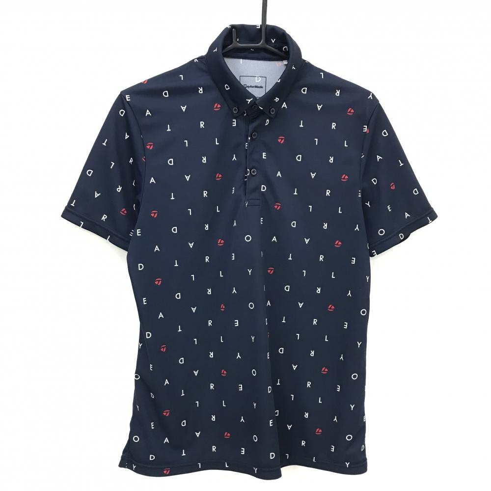 テーラーメイド 半袖ポロシャツ ネイビー×白 英字総柄  メンズ L ゴルフウェア TaylorMade