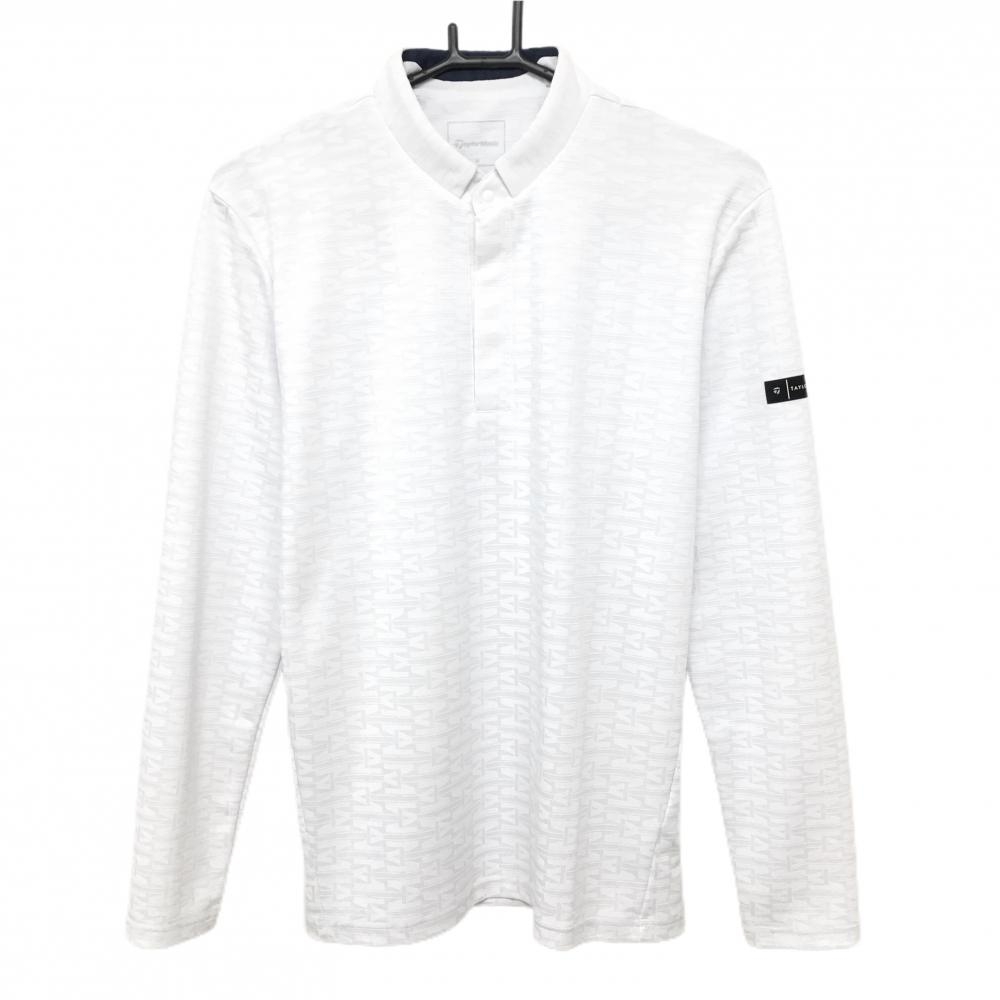 【超美品】テーラーメイド 長袖ポロシャツ 白 総柄地模様 スタンドカラー スナップボタン メンズ M ゴルフウェア TaylorMade