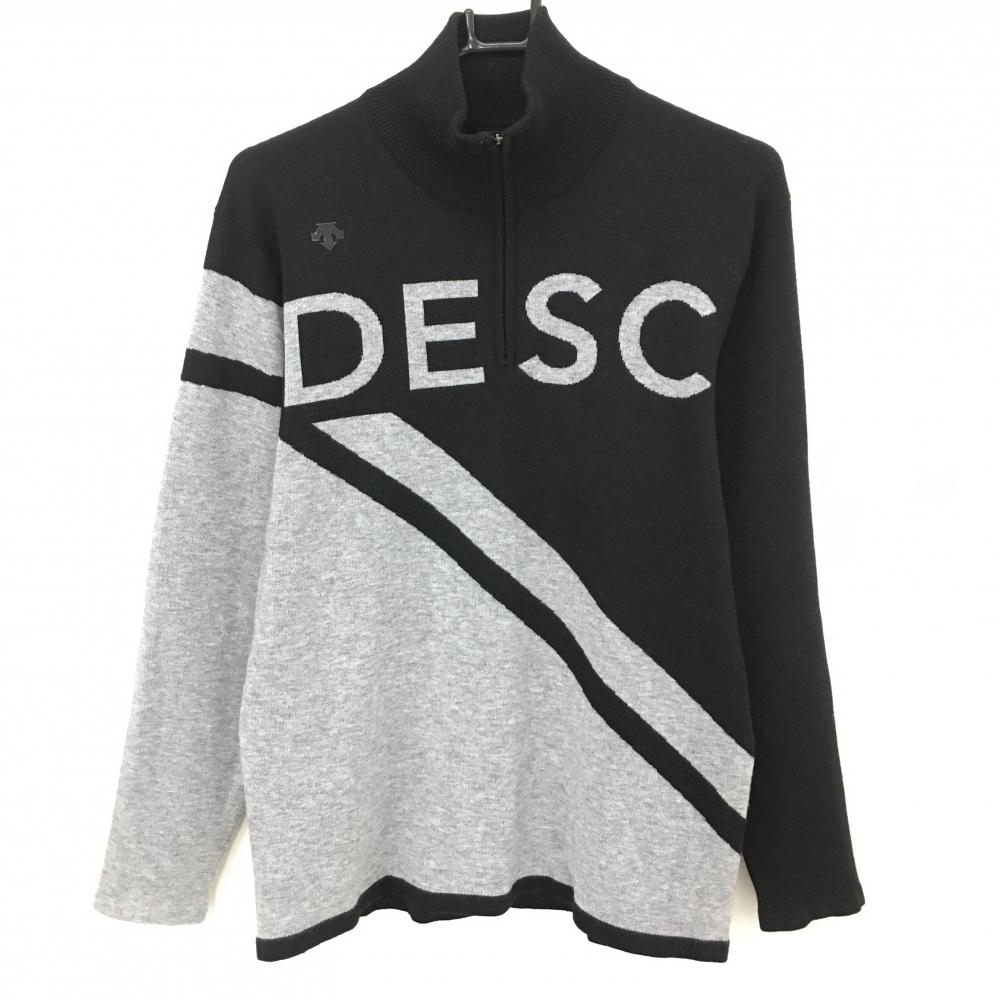 【美品】デサントゴルフ ハイネックセーター 黒×グレー ハーフジップ 肩ロゴ ウール混 ニット メンズ L ゴルフウェア DESCENTE