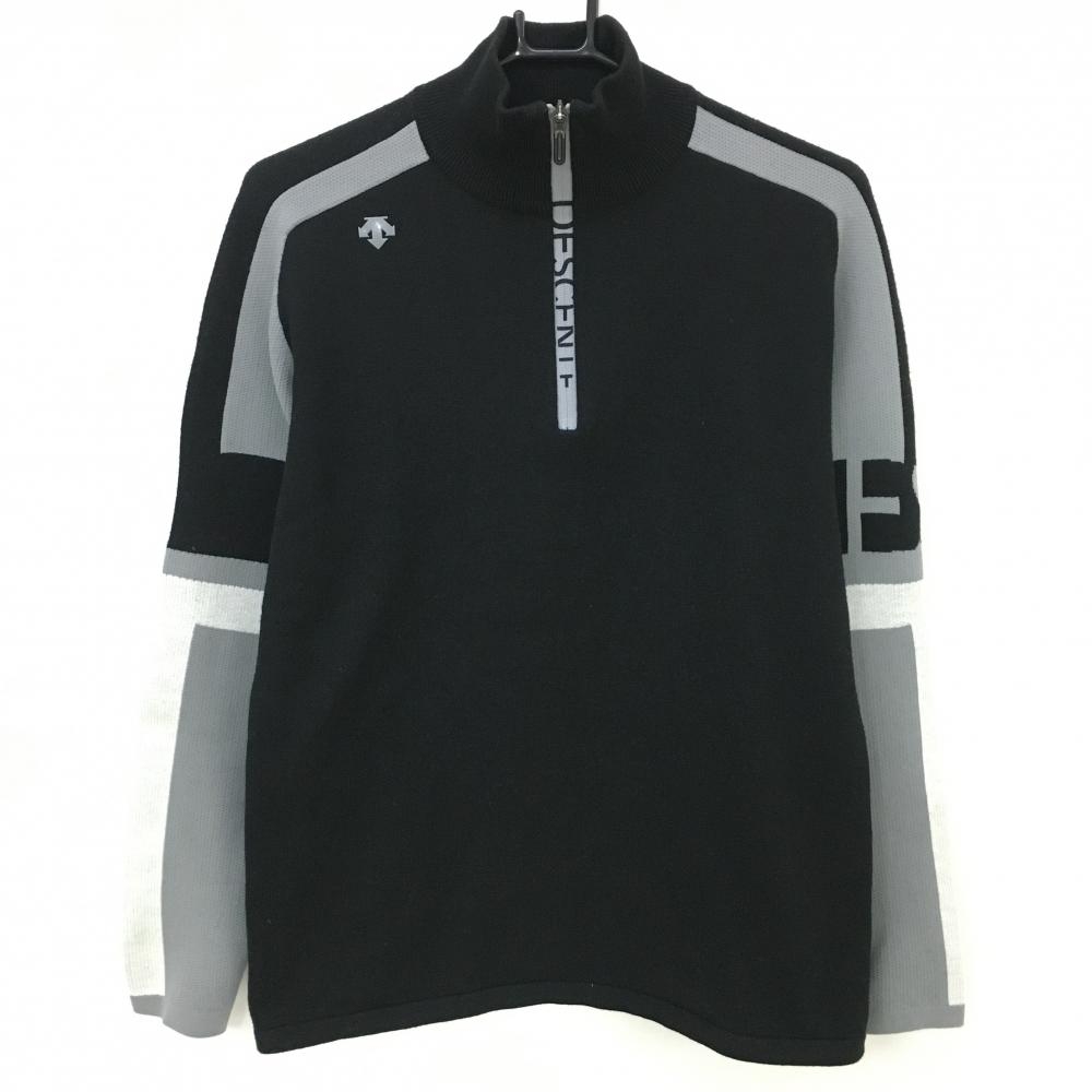 【美品】デサントゴルフ ハイネックセーター 黒×グレー ハーフジップロゴ ウール混 ニット 中田英寿 メンズ M ゴルフウェア DESCENTE