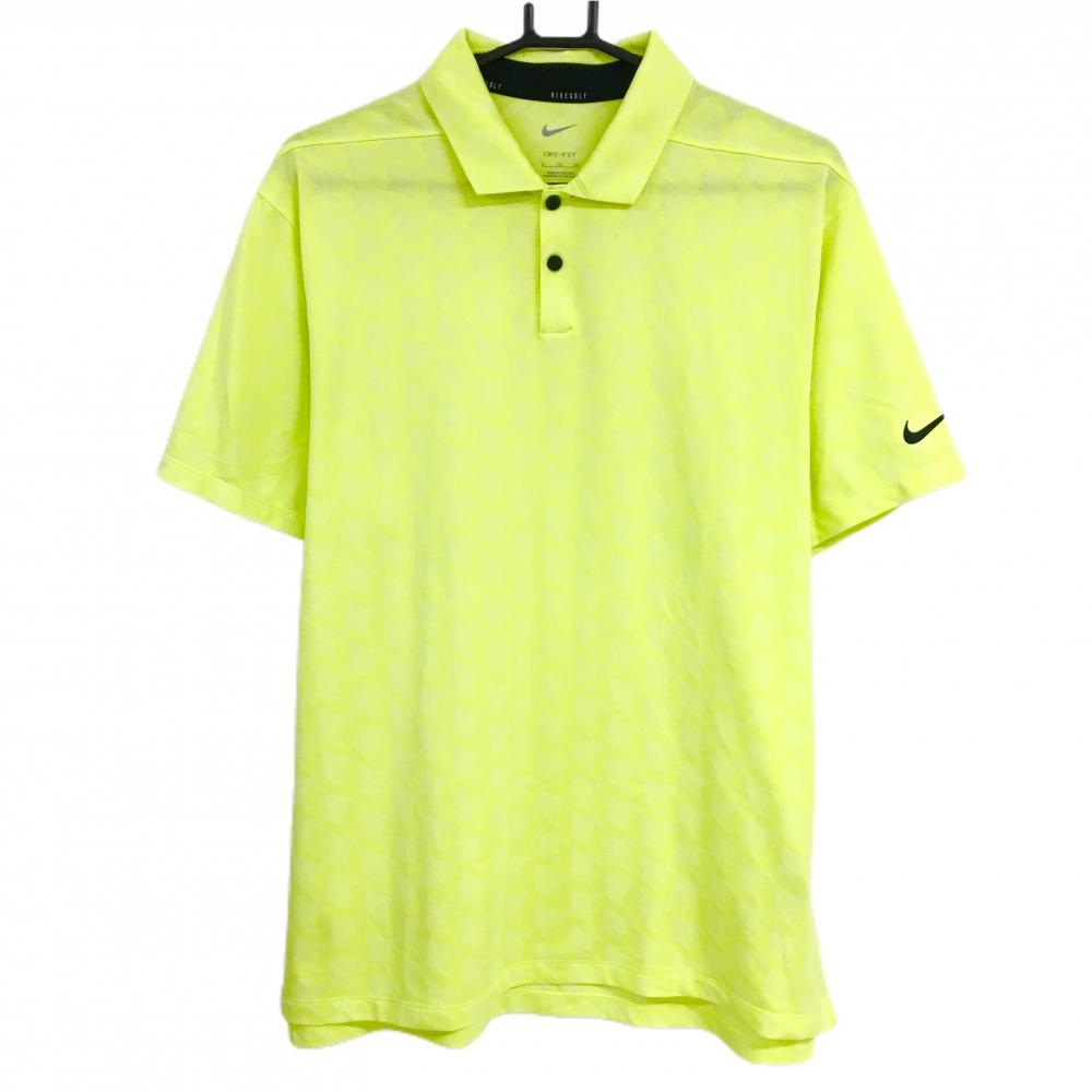 【超美品】ナイキ 半袖ポロシャツ イエロー系 総柄地模様 ロゴ黒 メンズ XL ゴルフウェア NIKE 画像