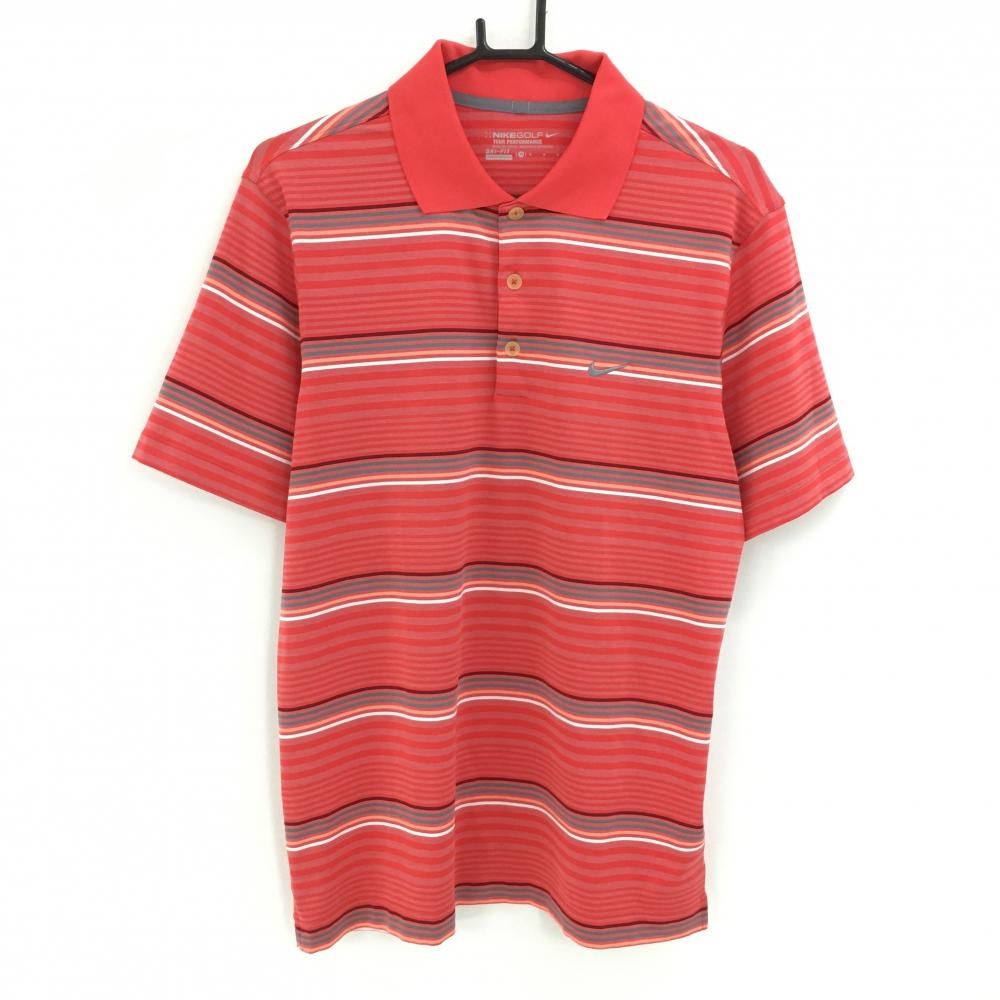 【超美品】ナイキ 半袖ポロシャツ レッド系×グレー ボーダー DRYFIT メンズ M ゴルフウェア NIKE
