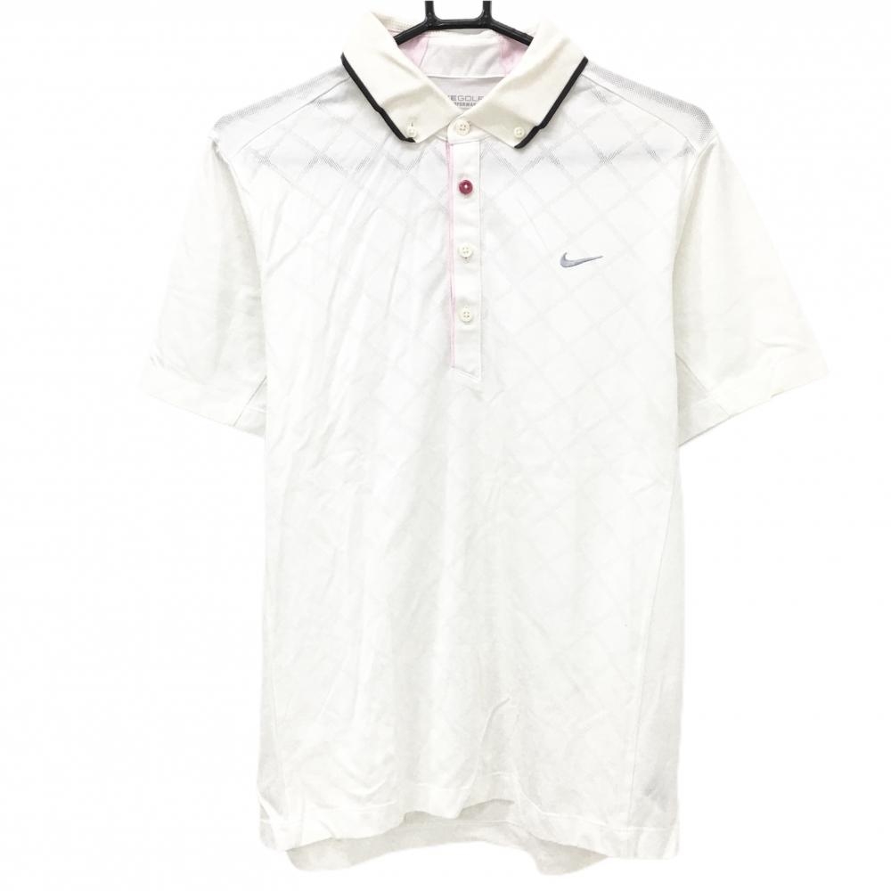 【美品】ナイキゴルフ 半袖ポロシャツ 白 前身頃地模様 ボタンダウン メンズ L ゴルフウェア NIKE