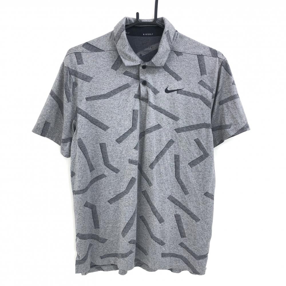 ナイキゴルフ 半袖ポロシャツ グレー×ダークグレー 総柄 ロゴプリント DRI-FIT メンズ L ゴルフウェア NIKE