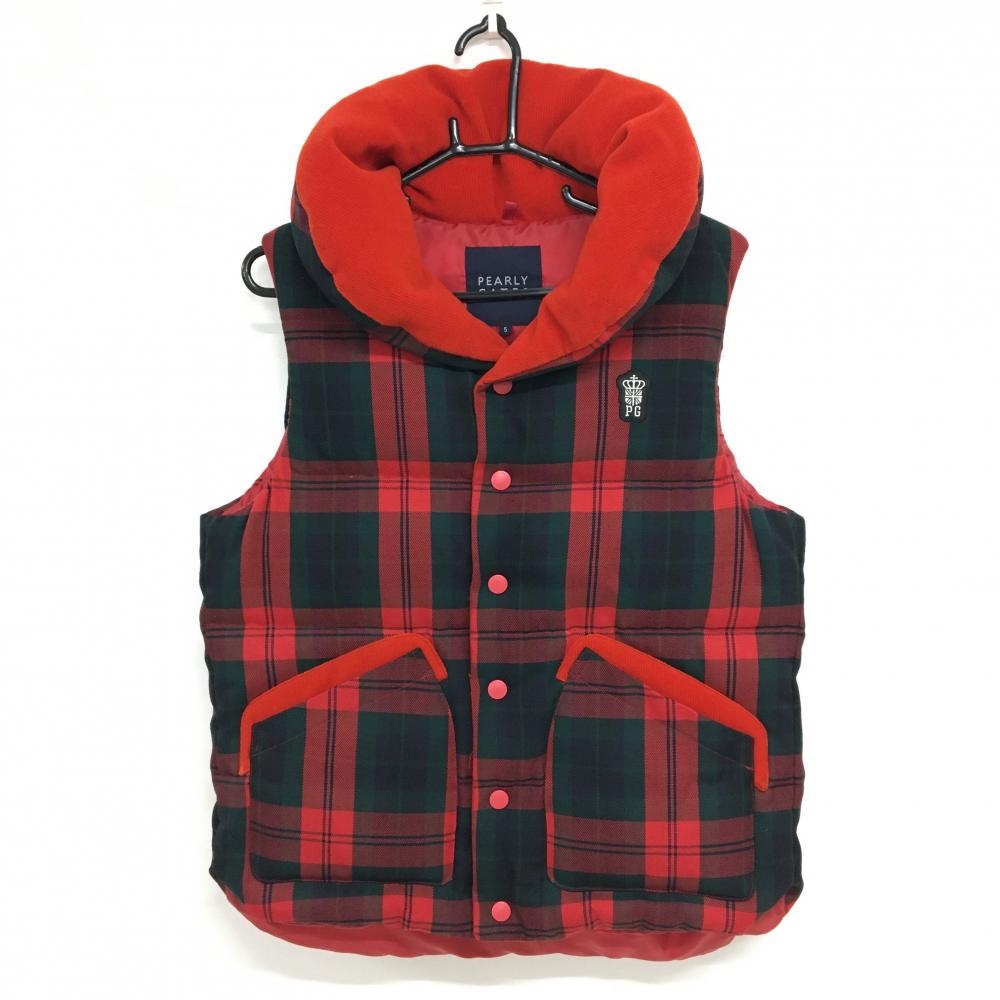美品】パーリーゲイツ ダウンベスト レッド×グリーン チェック