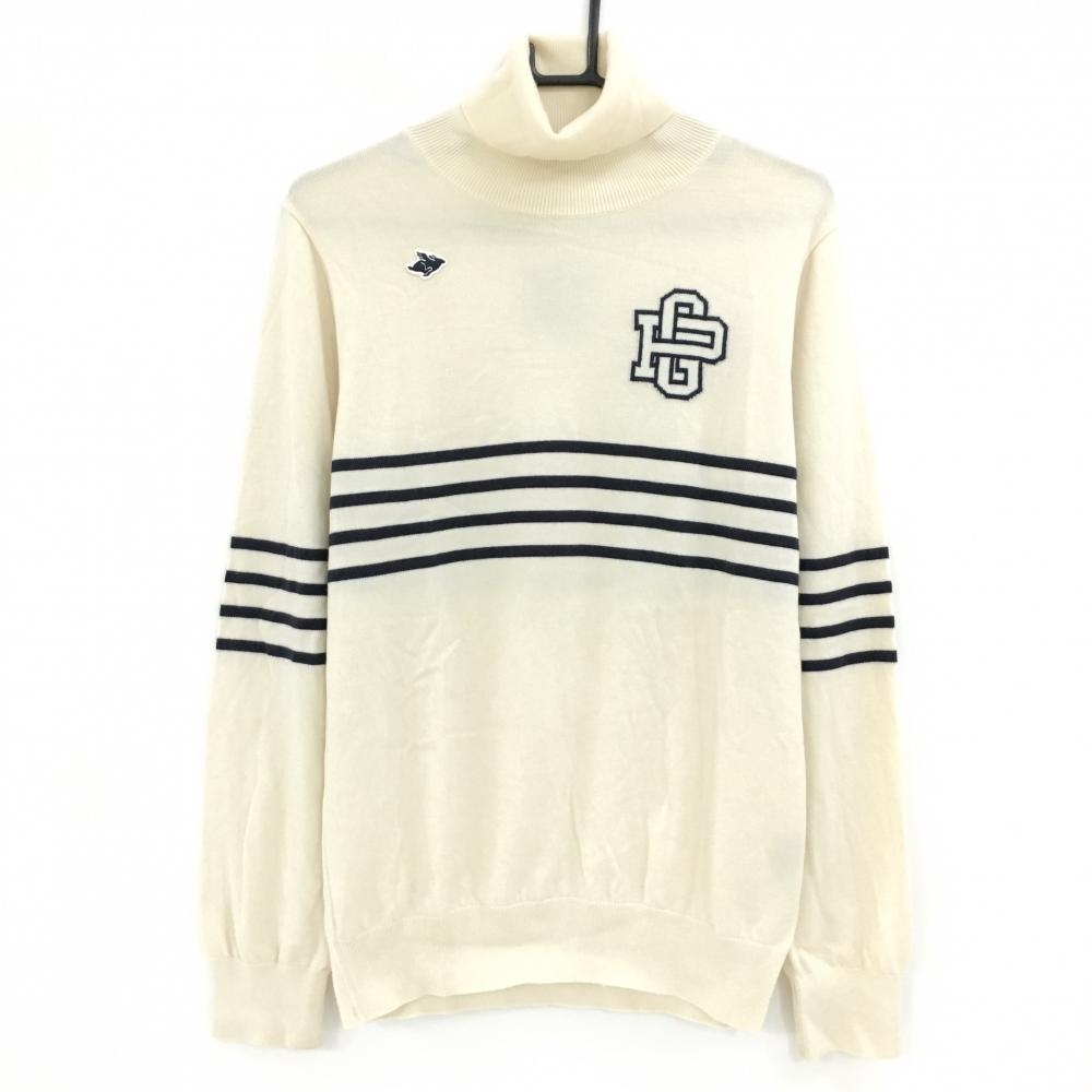 パーリーゲイツ タートルネックセーター アイボリー×ネイビー 胸ボーダー ウール100%  メンズ 5(XL) ゴルフウェア PEARLY GATES