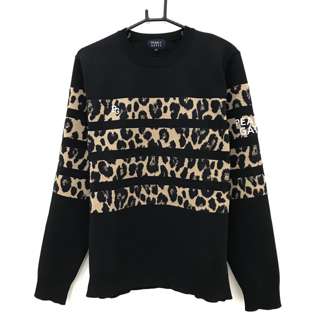 【美品】パーリーゲイツ セーター 黒×ベージュ レオパード ヒョウ柄 ニット ウール混 メンズ 6(XL) ゴルフウェア PEARLY GATES
