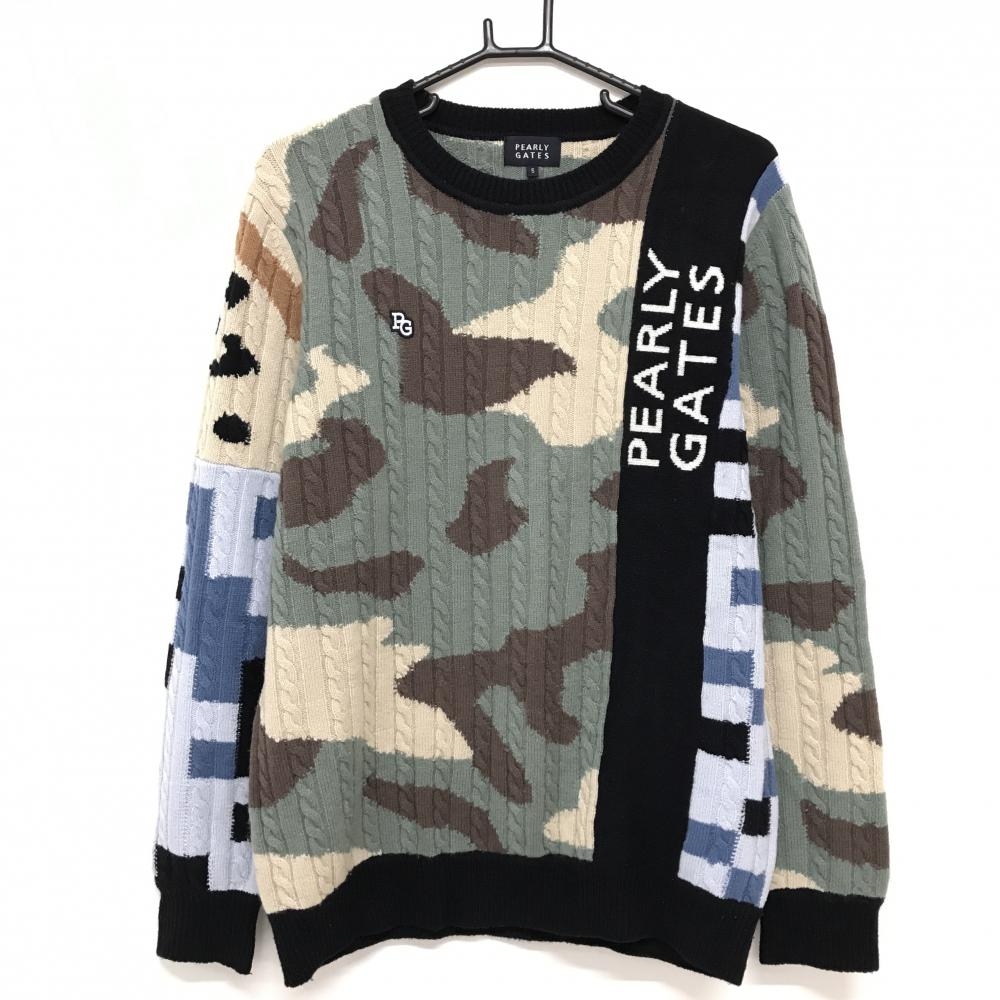 【超美品】パーリーゲイツ セーター カーキ×ベージュ 一部カモフラ 総柄  メンズ 5(L) ゴルフウェア 2023年モデル PEARLY GATES