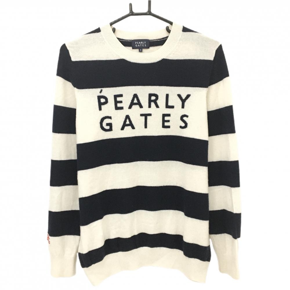 【美品】パーリーゲイツ セーター 白×ネイビー ボーダー カシミヤ混 ニット メンズ 5(L) ゴルフウェア PEARLY GATES
