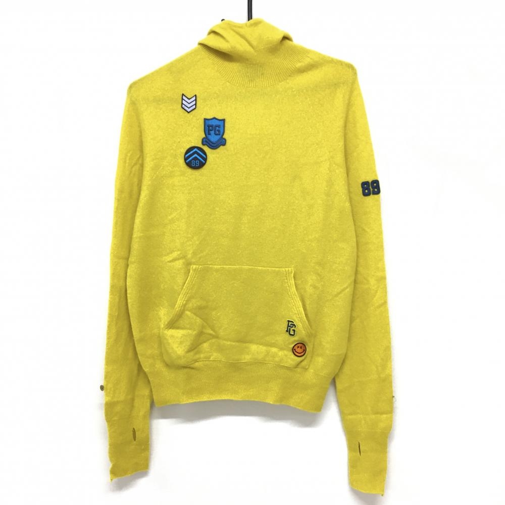 パーリーゲイツ フード付きセーター イエロー系 カシミヤ混 ニコちゃん スマイル ニットパーカー メンズ 4(M) ゴルフウェア PEARLY GATES