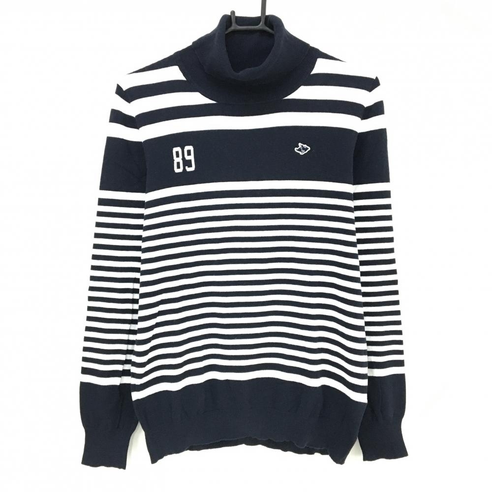 パーリーゲイツ タートルネックセーター ネイビー×白 一部ボーダー
