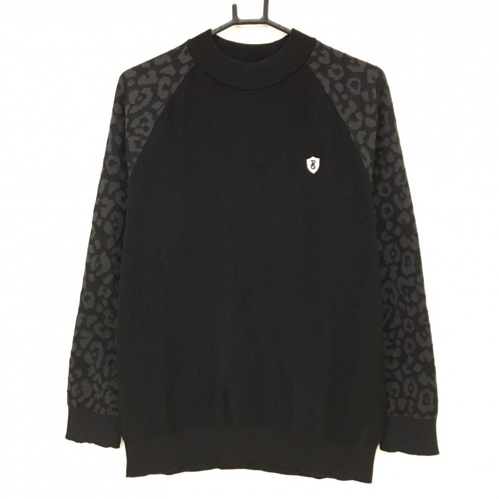 【新品】パーリーゲイツ セーター 黒 袖レオパード ウール混 胸ロゴ ニット メンズ 5(L) ゴルフウェア PEARLY GATES