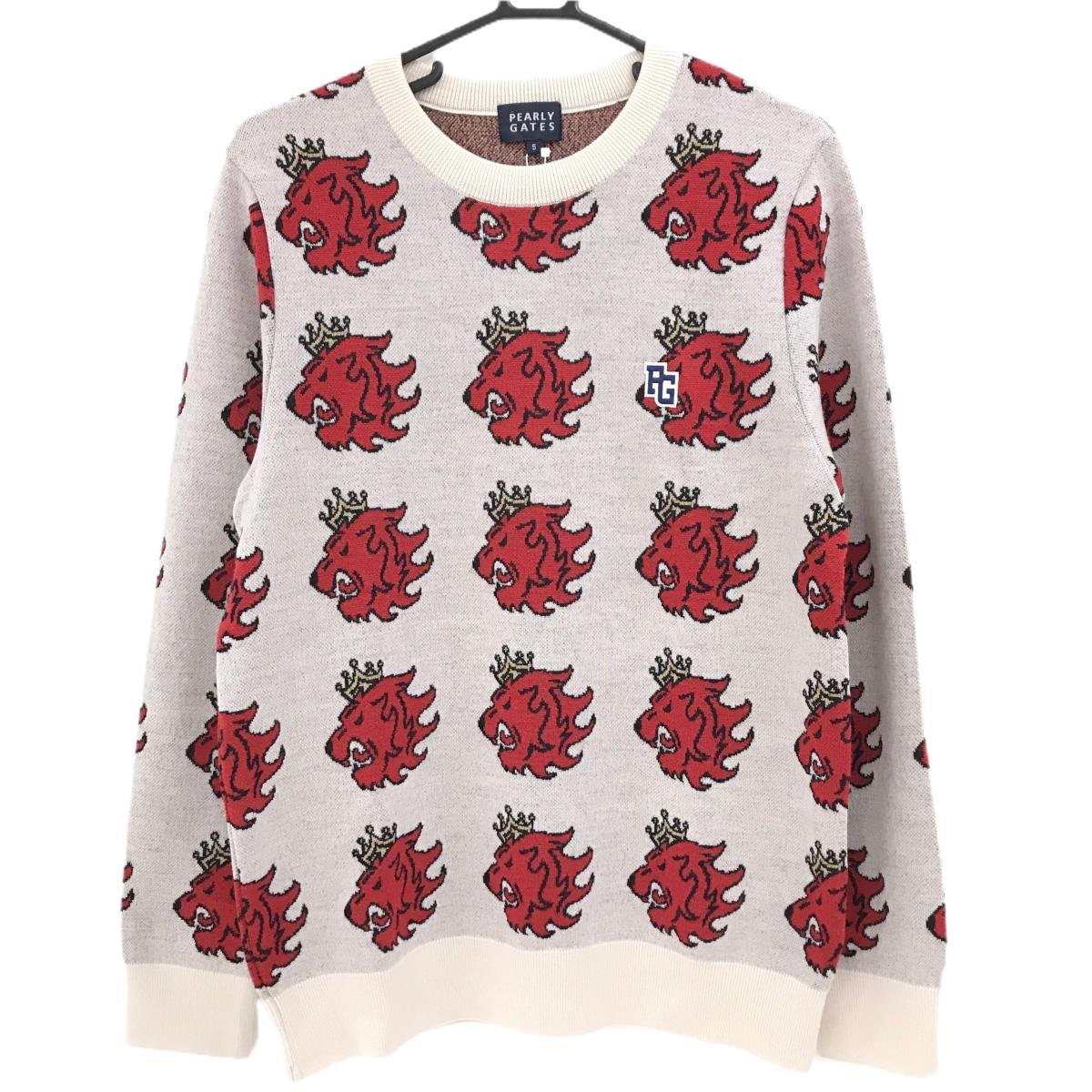 【新品】パーリーゲイツ セーター ベージュ系×レッド 総柄 ウール100％ ニット メンズ 5(M) ゴルフウェア PEARLY GATES
