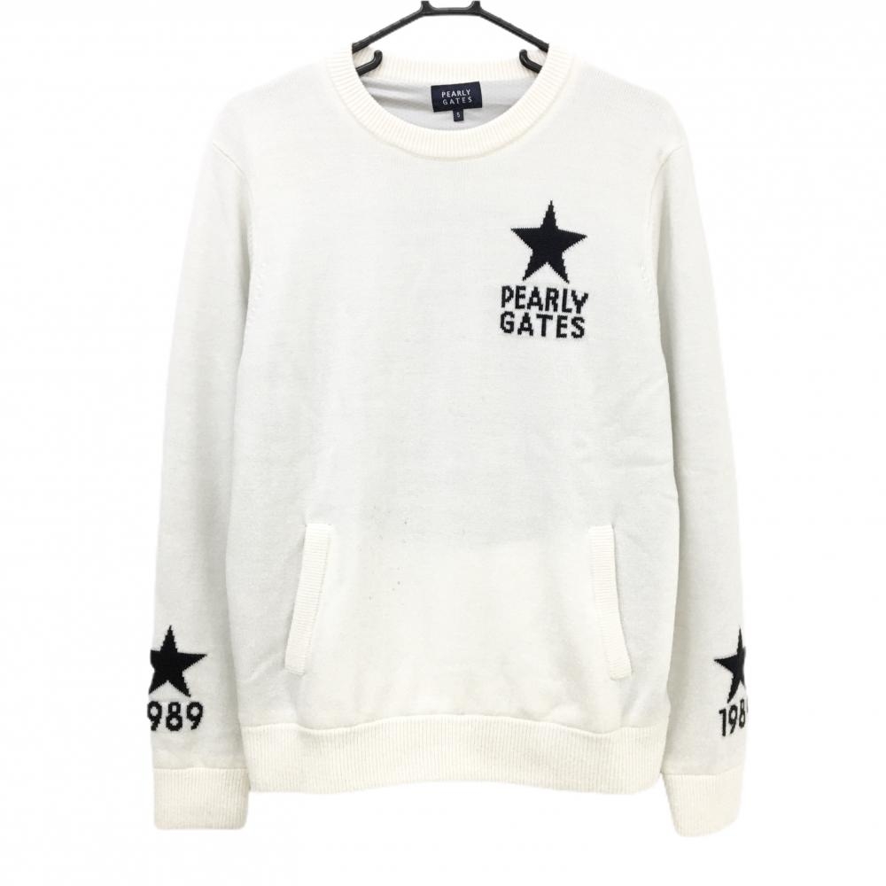 【美品】パーリーゲイツ 星柄ニット Mサイズ パーリーゲイツ セーター 白×ネイビー 袖口星柄 ウール混 裏地付