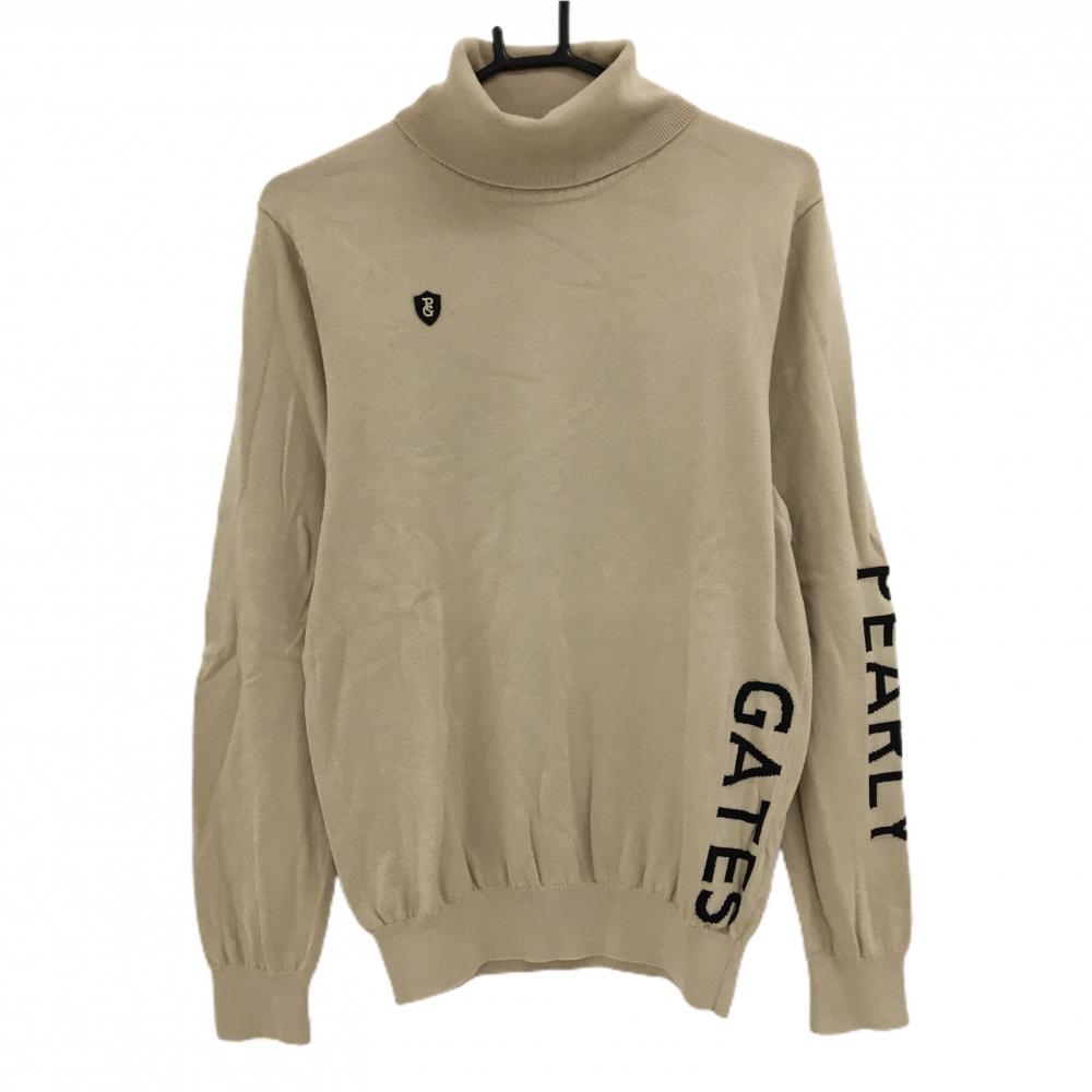 パーリーゲイツ タートルネックセーター ベージュ×黒 サイド・袖ロゴ コットン混 ニット メンズ 4(M) ゴルフウェア PEARLY GATES